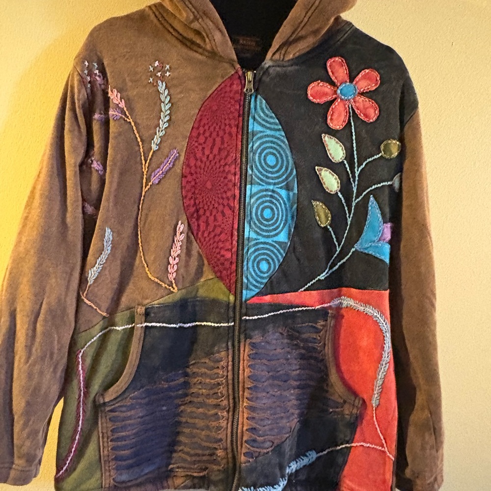Rising International Brown and Red Utility Jacket with Embroidered Details